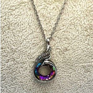 Silver-Tone Necklace With Rainbow Glass & Rhinestones Pendent. A69